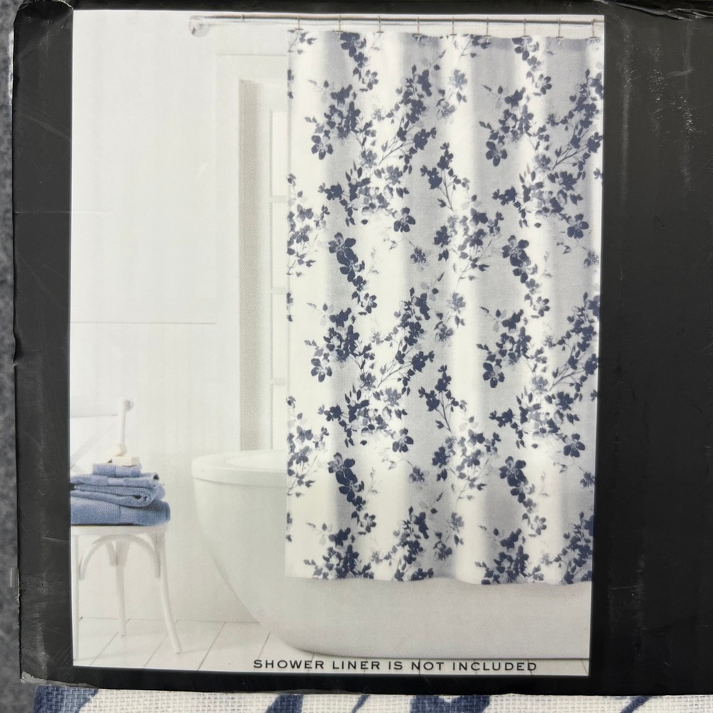 Lauren Ralph Lauren Shower Curtain Blue White Floral Cotton 70x72 Tailored Hem - Picture 3 of 9